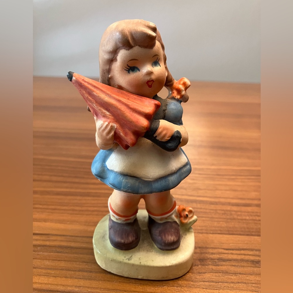 Vintage Rare Girl with Umrella Porcelain Ceramic Glazed Figurine Made in Japan